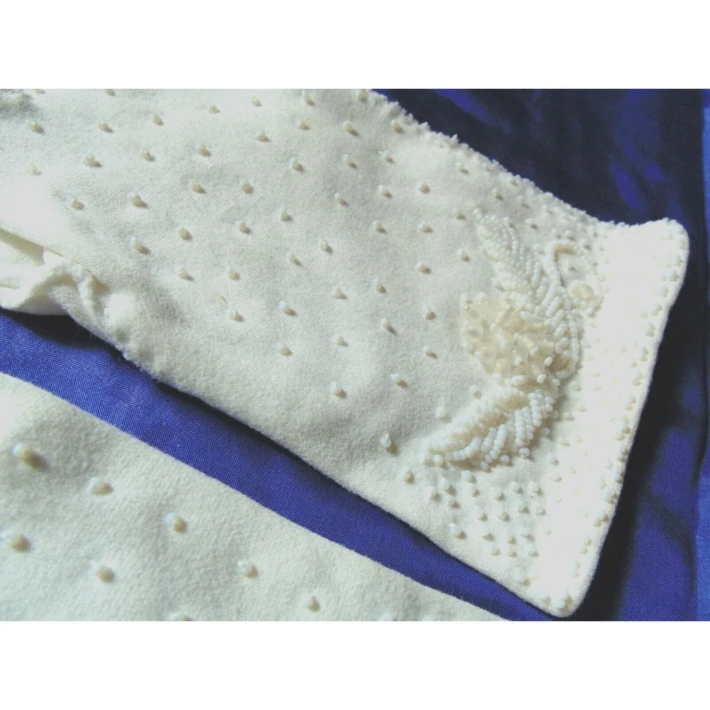 Vtg Elegant White Pearl Micro Beaded Wristlet Gloves 7.5 Event Wedding Formal